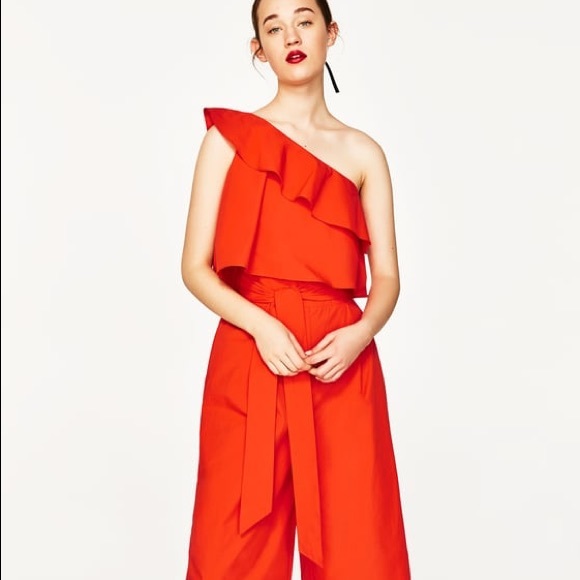 orange one shoulder jumpsuit